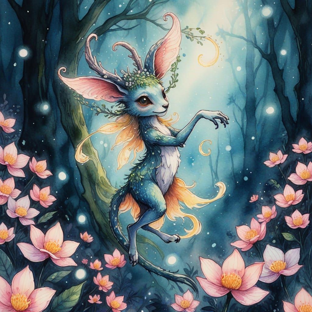 Mystical Forest Creature Dancing Among Bioluminescent Flora