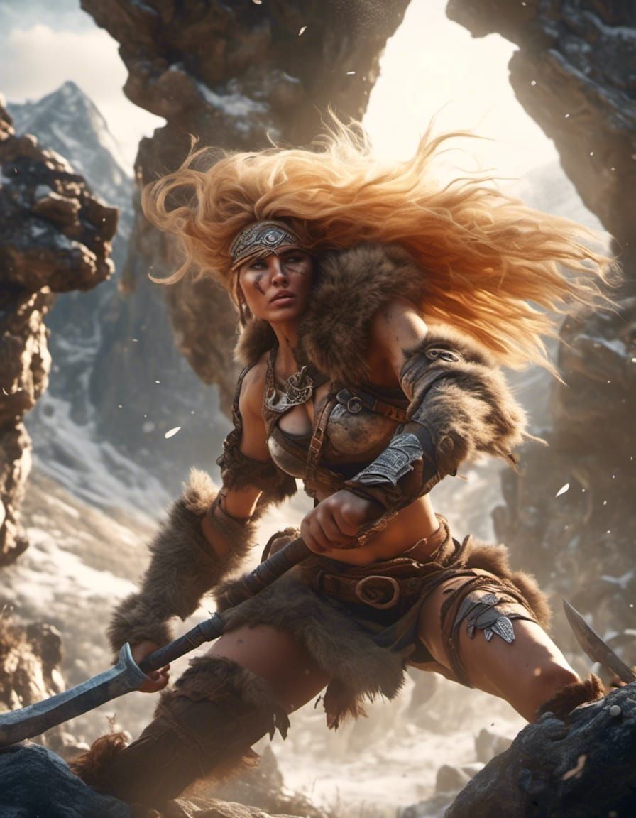 Hyperrealistic Blonde Barbarian in Majestic Mountain Setting