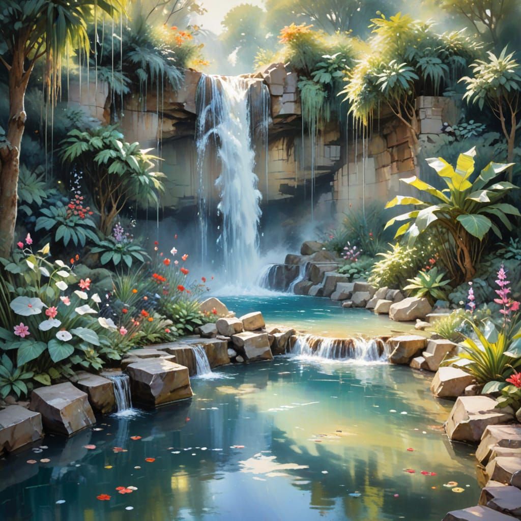 Magical Waterfall Scene in Watercolor Style