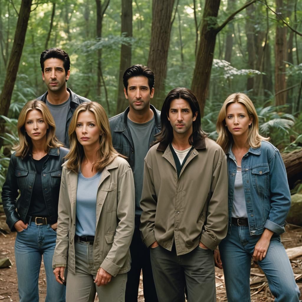 6 Friends Stars Pose in Cinematic Film Still, Shot on 35mm