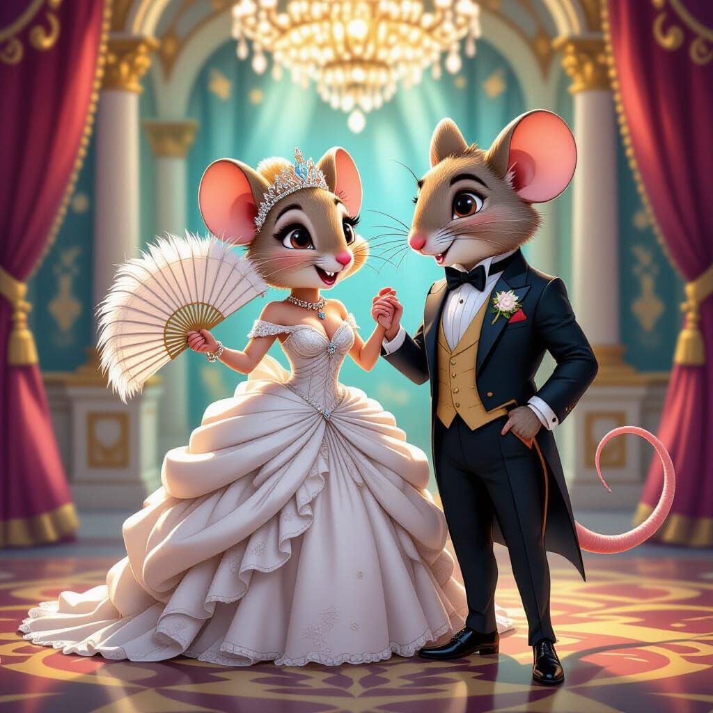 Mouse in Ballroom Gown: Cartoon Style Splash Art