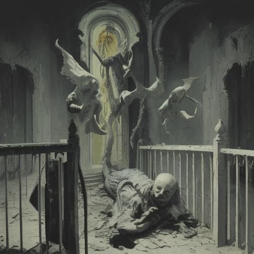 Ghoul Falls Down Abandoned Mansion Railings in a Dreamlike S...