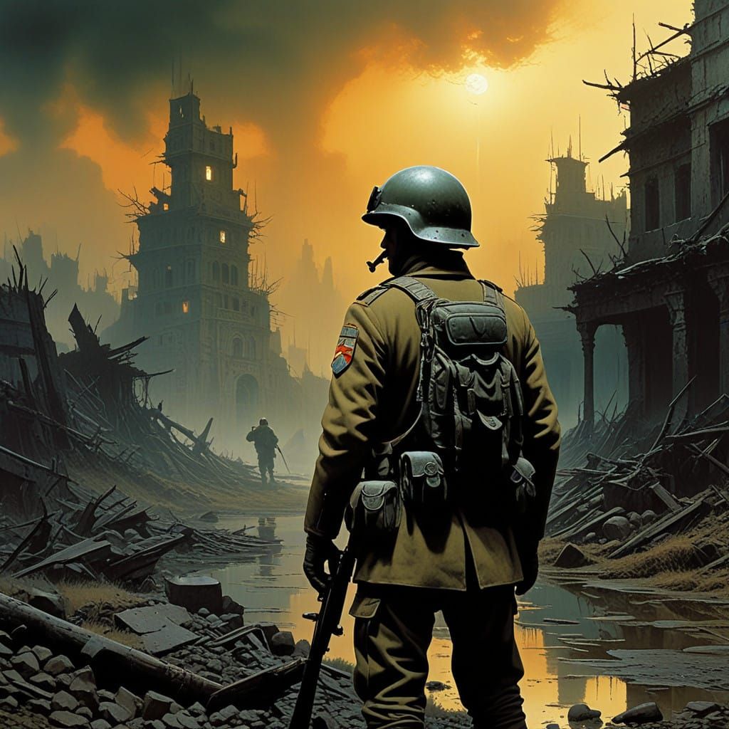 War-Weary Soldier in Gritty, Ruined Landscape