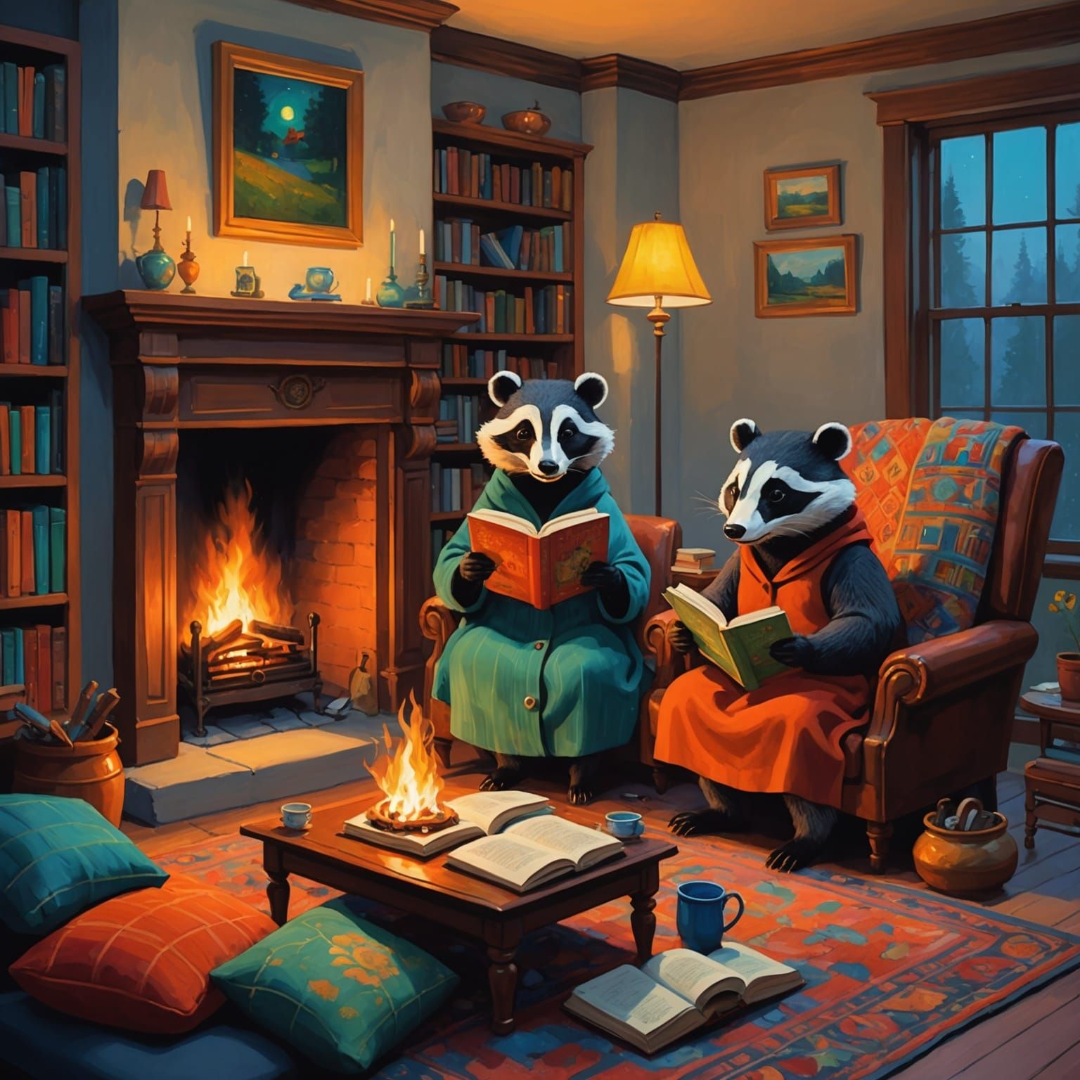 Warmth of Cozy Badger Home in Whimsical Oil Painting