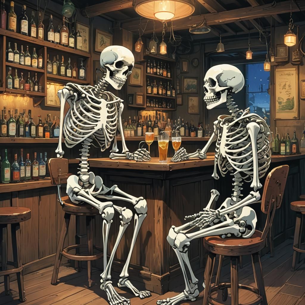 Whimsical Skeletons Enjoy a Night Out in a Vibrant Studio Gh...