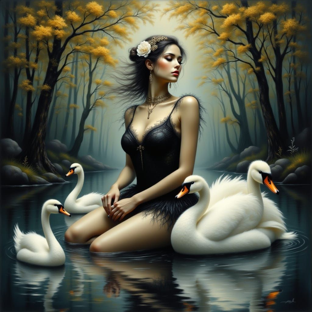 Swan Lake Ballerina Dancing in Whimsical Forest