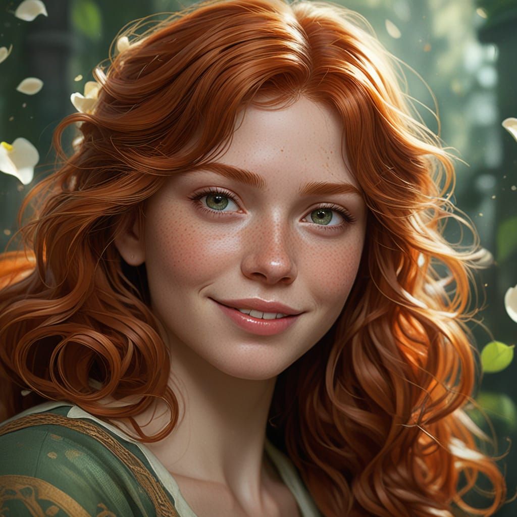 Redhead Portrait with Swirling Rose Petals