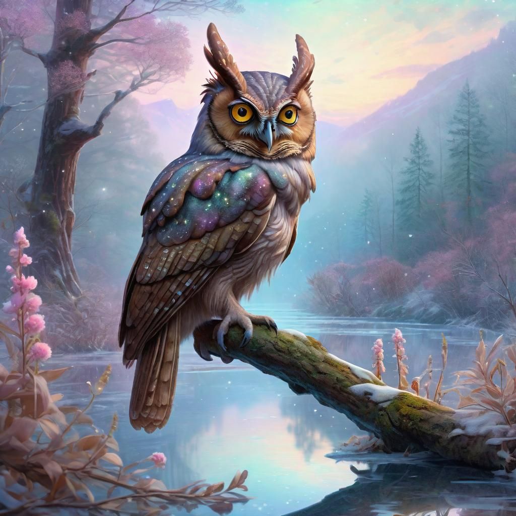 Winter Landscape with Crested Owl in Soft, Detailed Coloring