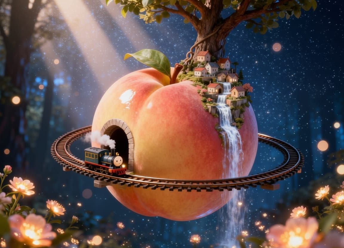 Giant Tree Rises from Peach in Radiant Starry Forest