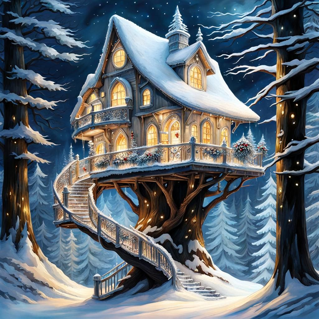 Surreal Winter Wonderland Treehouse in Aquarelle Style