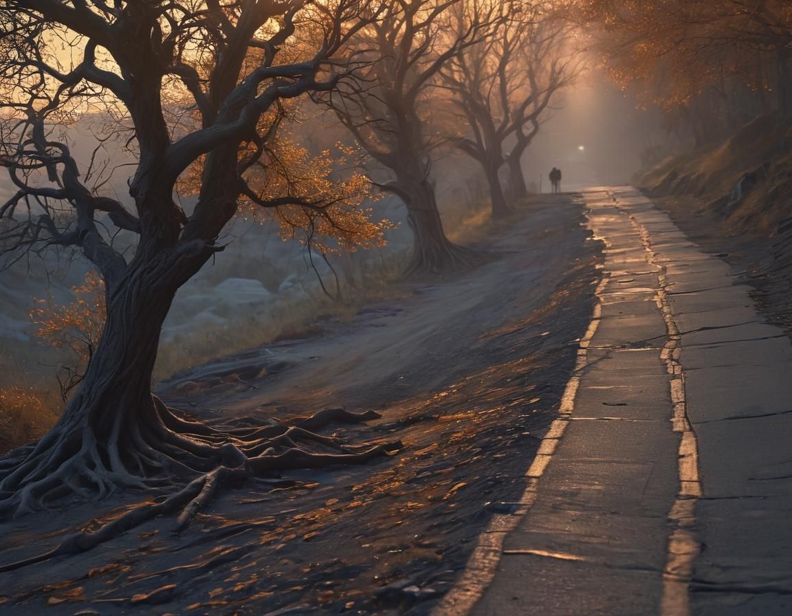 Mystical Road Encounter in Dreamlike Realism