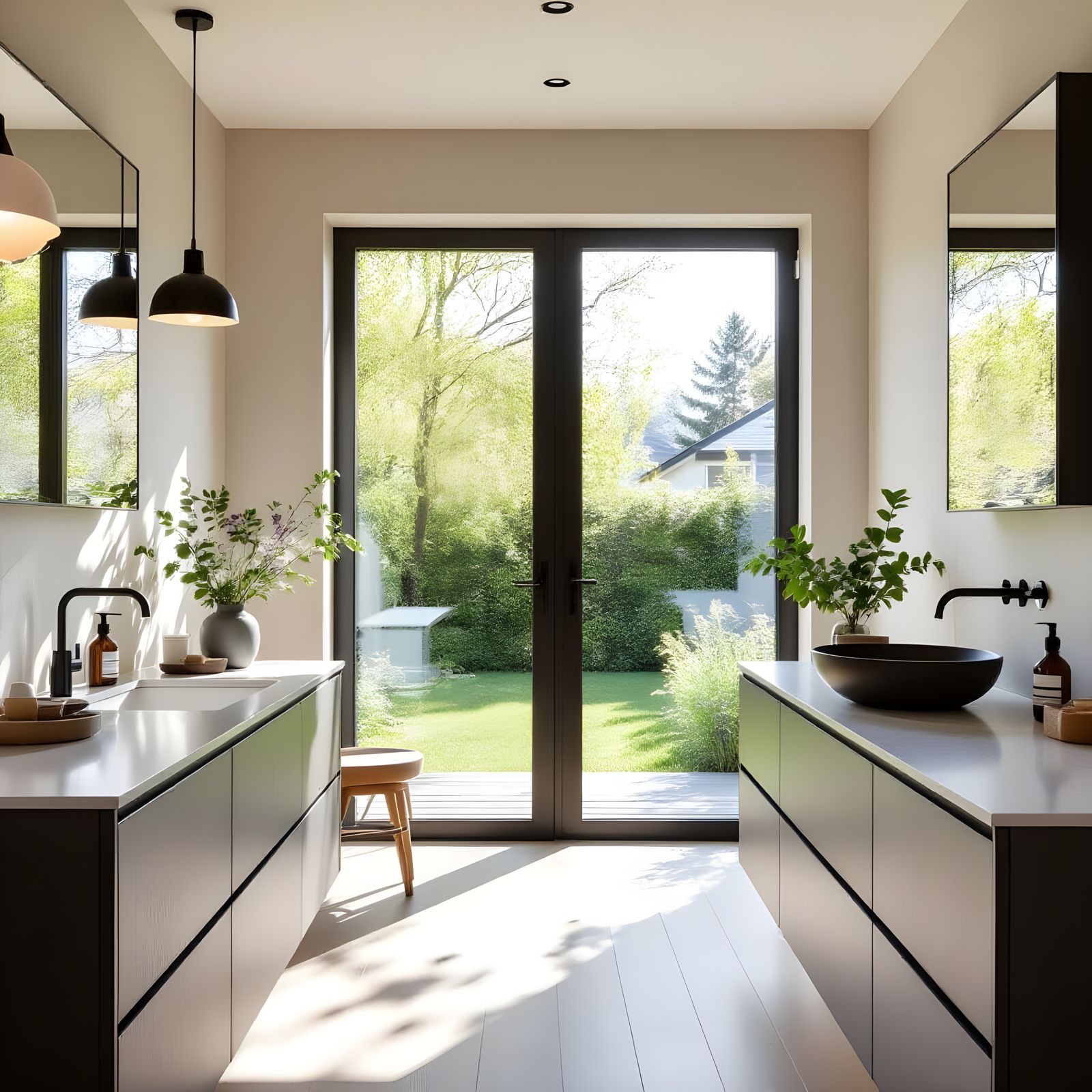 Minimalist Bathroom with Scandinavian Design and Garden View