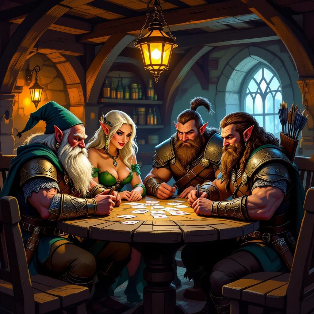 Fantasy Heroes Play Game in Rustic Tavern