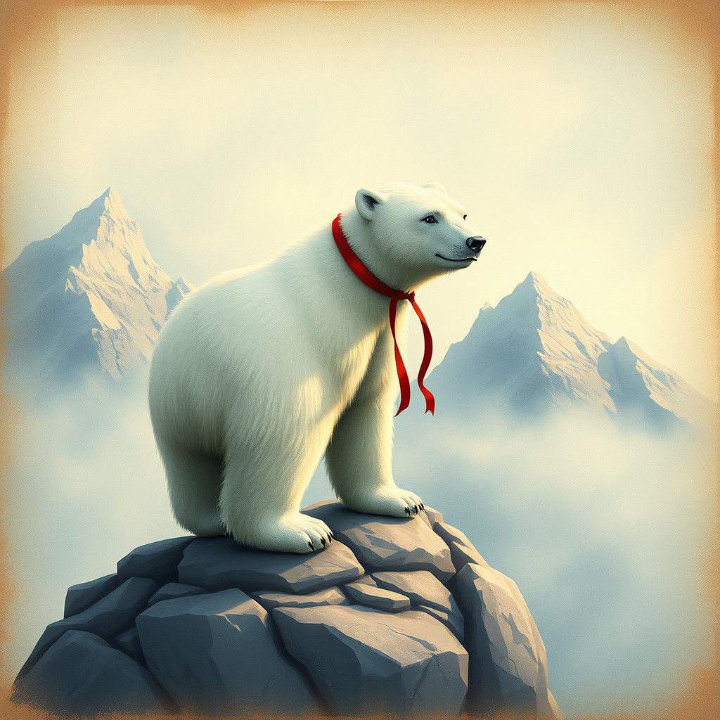 Vintage-Inspired Polar Bear Postcard with Red Ribbon