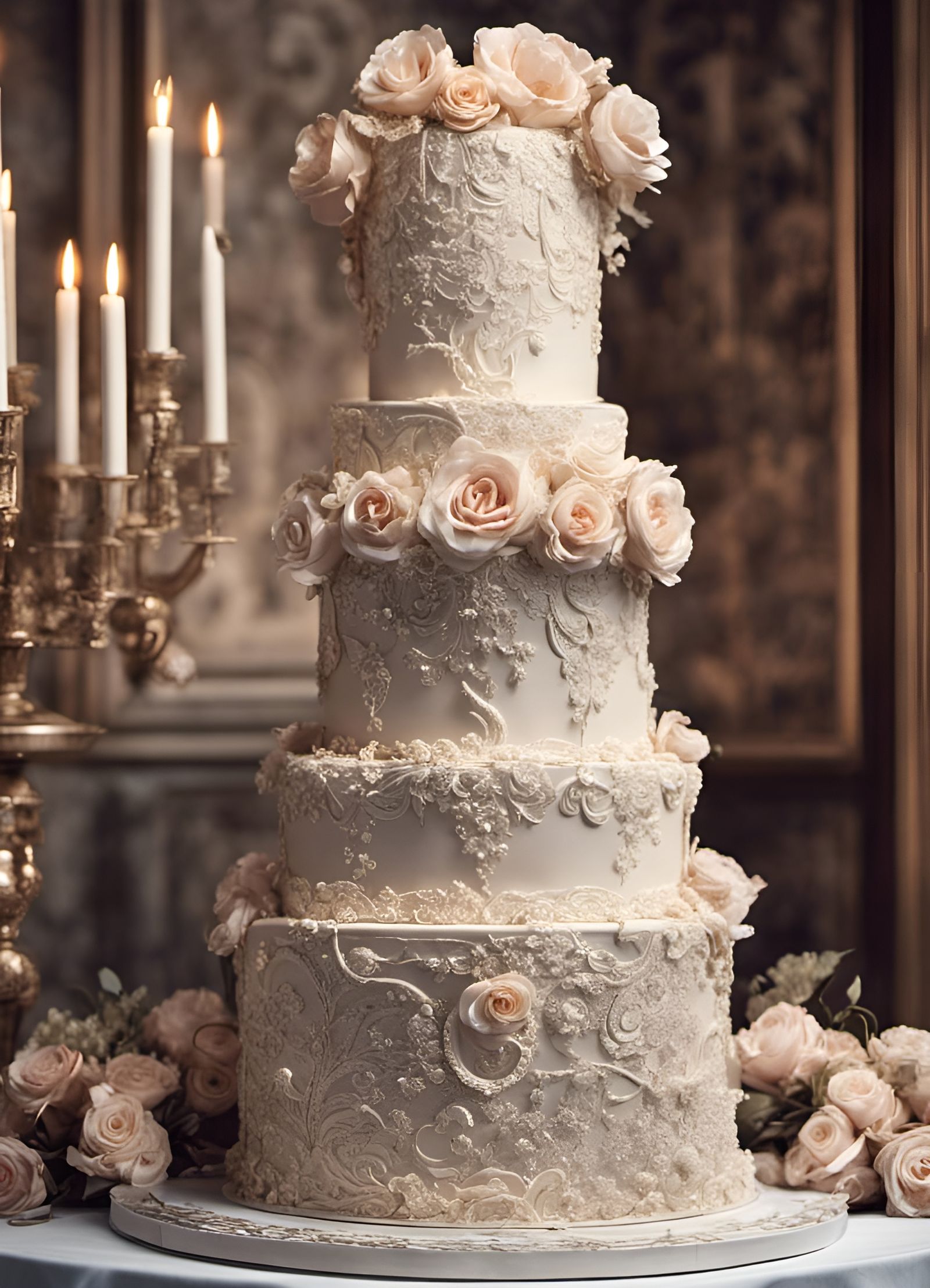 Exquisite Chocolate Wedding Cake with Intricate Lace and Flo...