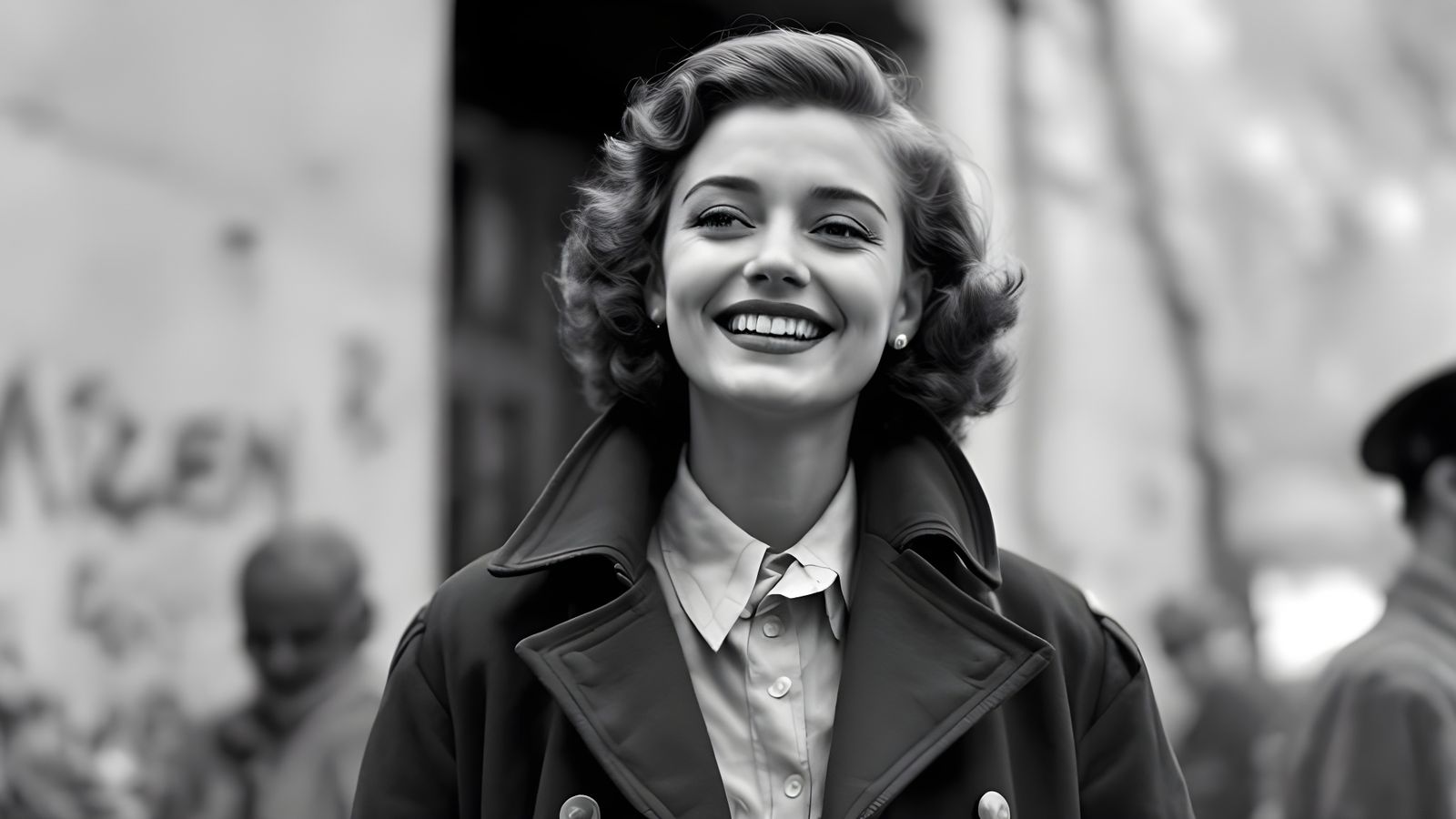 Woman in Oversized Military Coat, 1950s Photorealistic Style