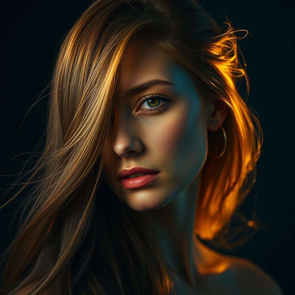 Stylized Portrait of a Woman in Golden Light with Intricate ...