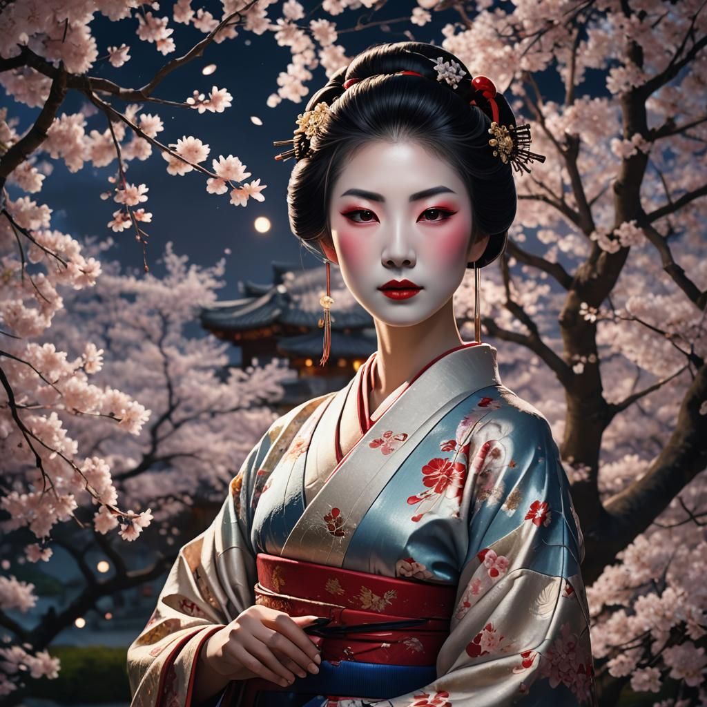 Blossoming Dreams: A Serene Nighttime Geisha Portrait in Fan...