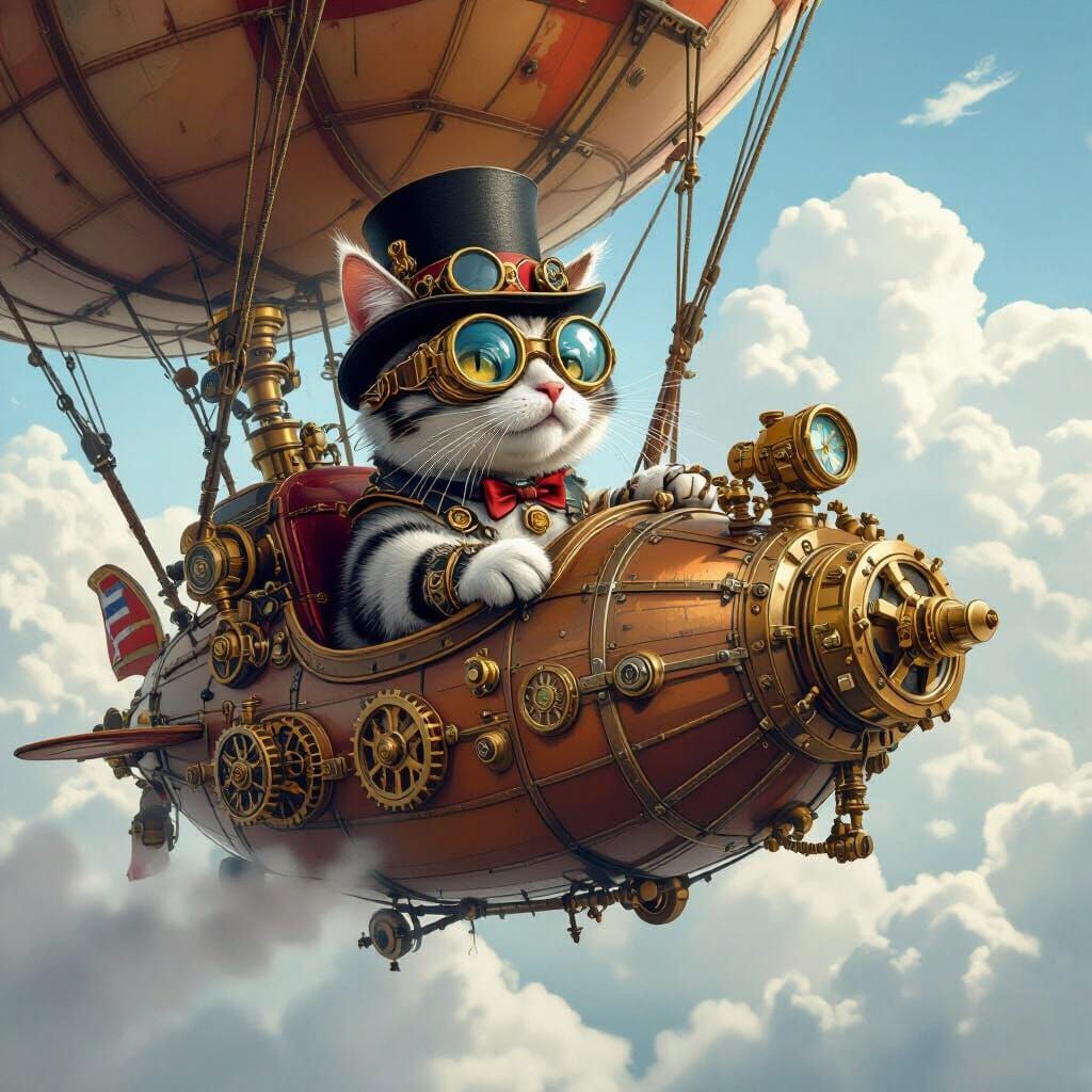Steampunk Cat Piloting Zeppelin Through Cloudy Sky