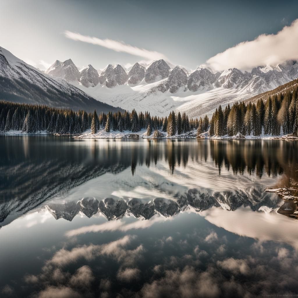 Snowy Mountain Serenity in Wide-Angle Glory