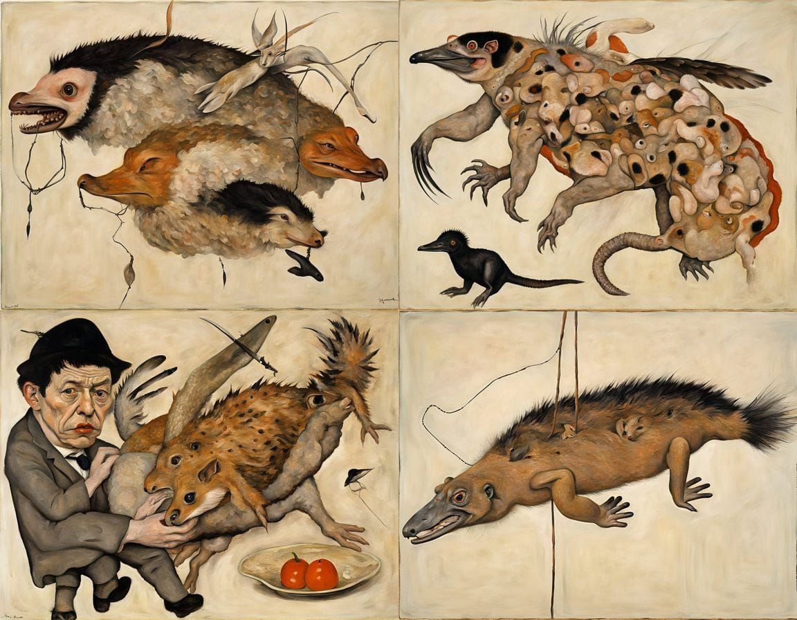 Surreal Hybrid Creatures in Egon Schiele Style