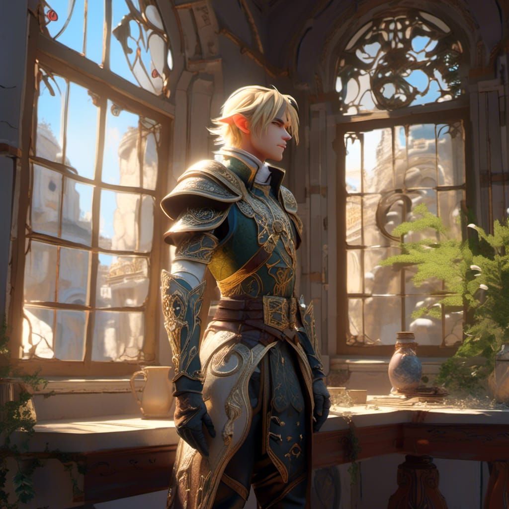 Surreal Anime Elf Lord Contemplates War Strategies in Breath...