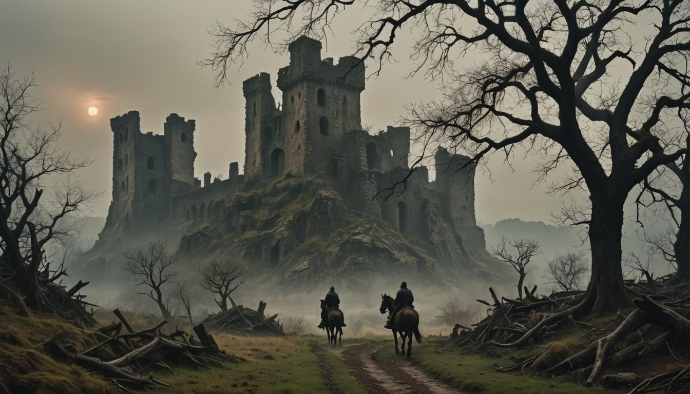 Eerie Ancient Ruins Amidst a Dark, Mysterious Landscape