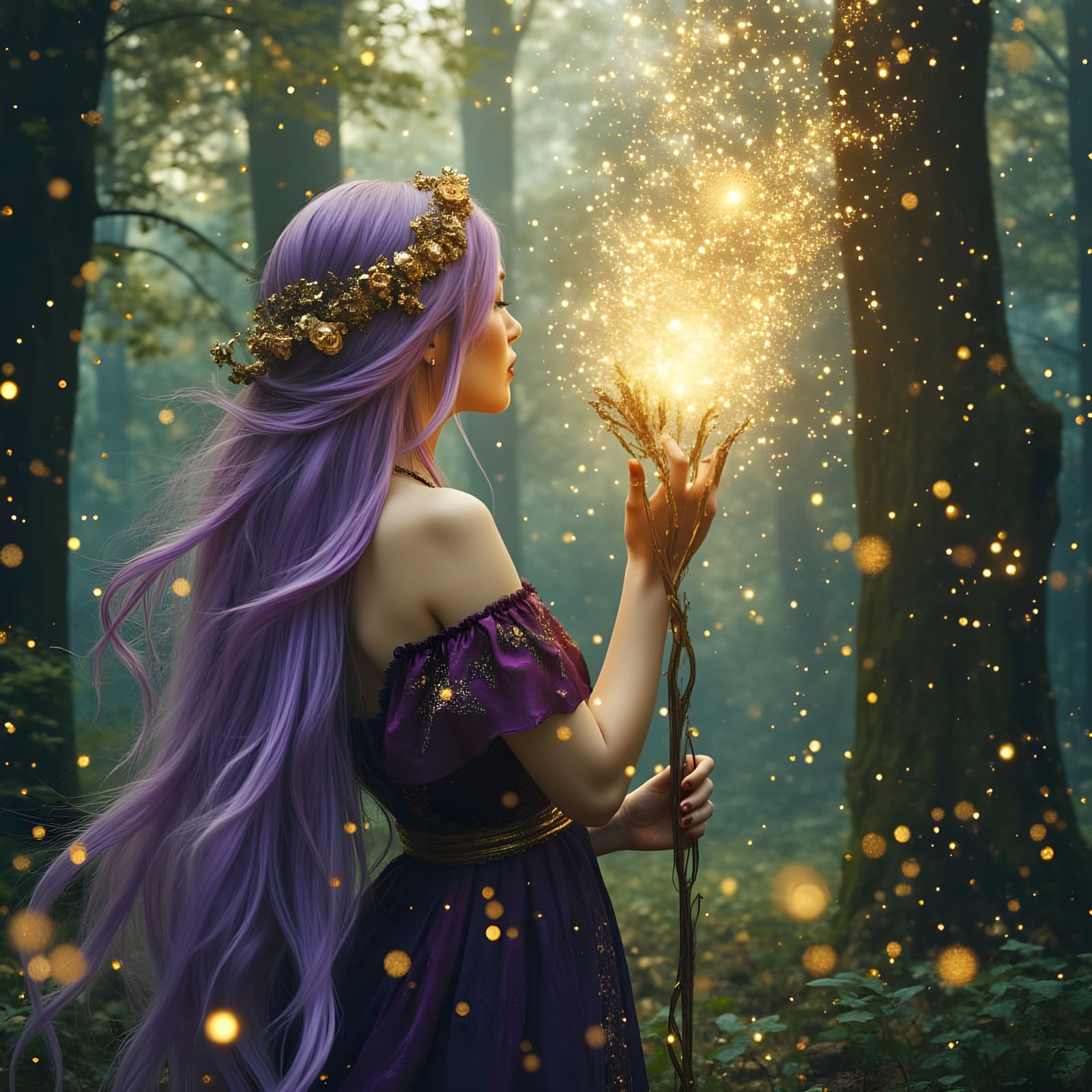 Mystical Elf Maiden in Enchanted Forest with Illuminated Sta...