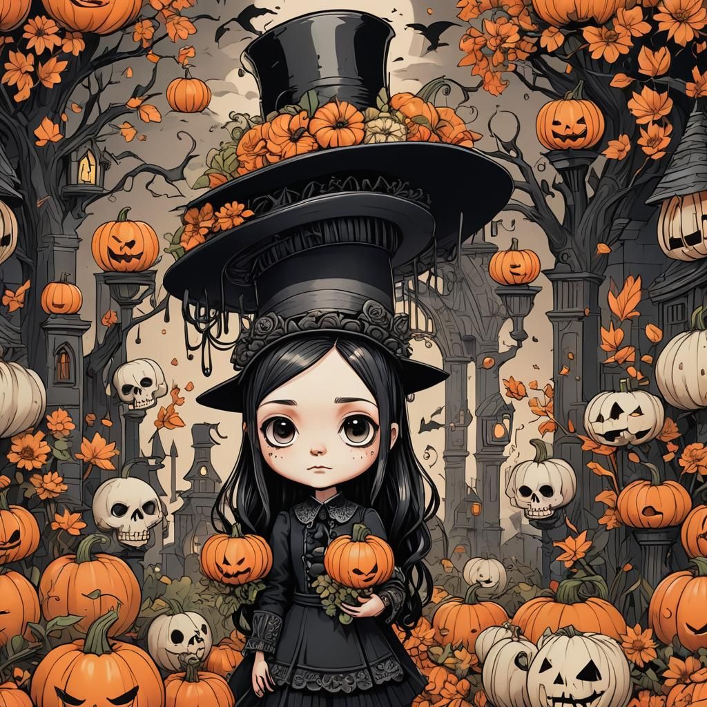 Wednesday Addams: Whimsical Gothic Chic in Chibi Anime Tradi...