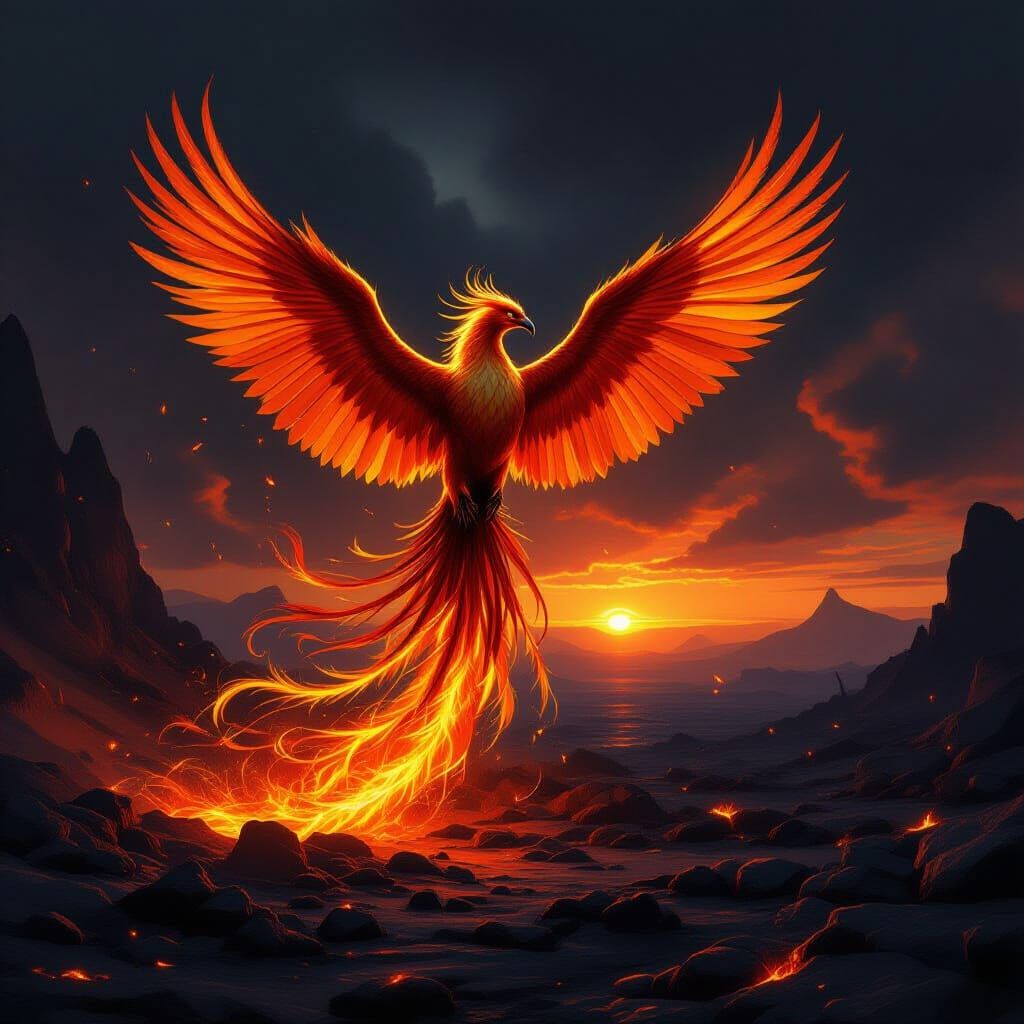 Majestic Phoenix Rises From Ashes in Fiery Sunset