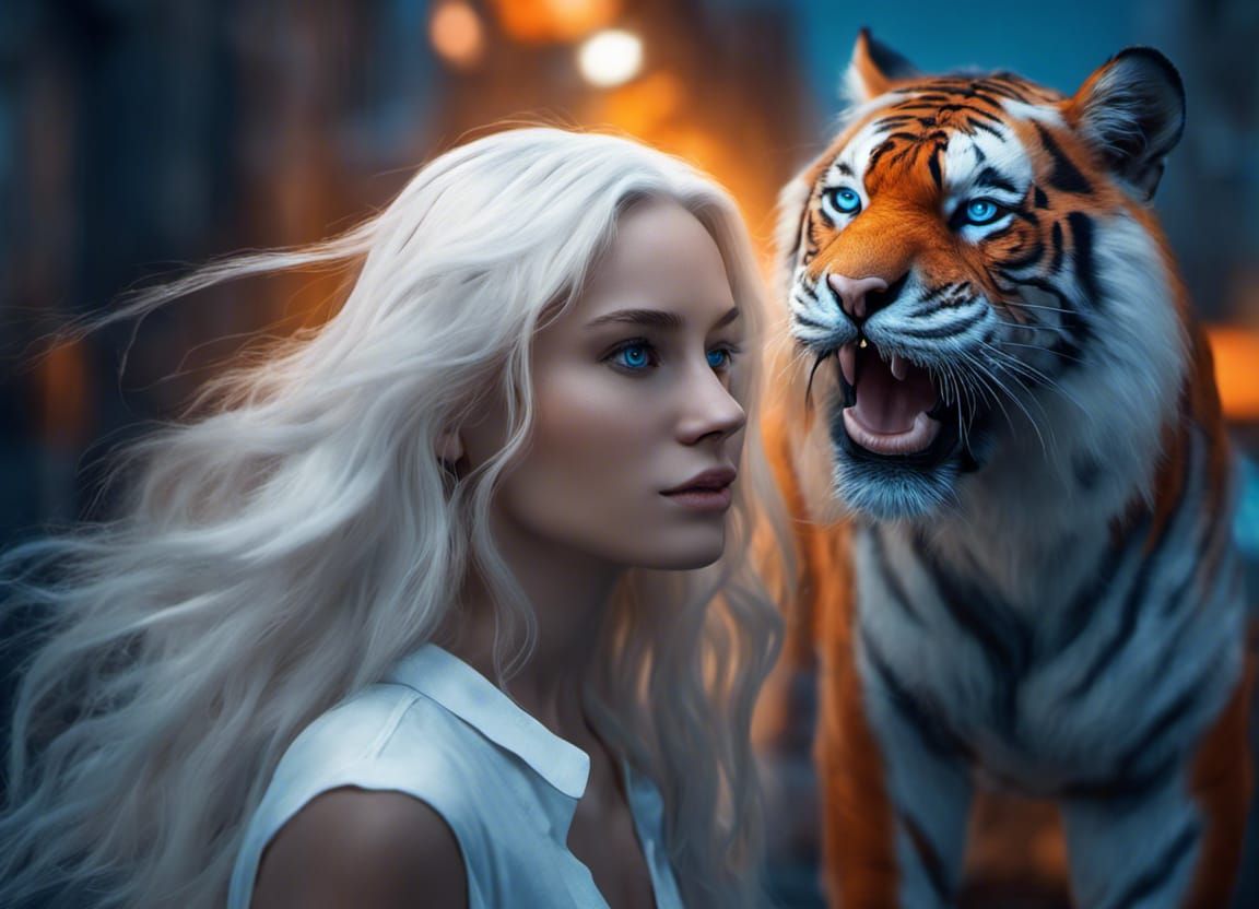 Surrealist Dream: A Young Woman and Her Tiger Companion in a...