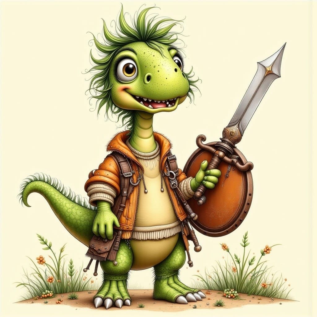 Heroic Brachiosaurus Warrior in Whimsical Style