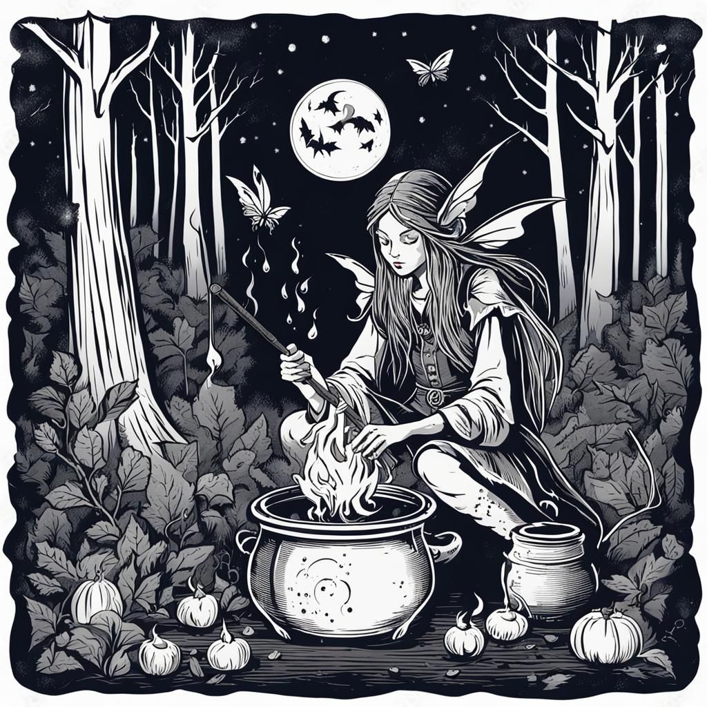 Evil fairy in the forest during the full moon, she prepares ...