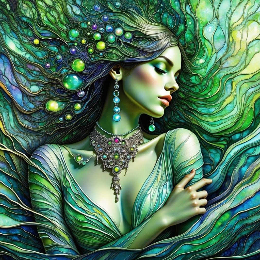 Elegant Woman with Lime Green Jewelry in Surreal Style