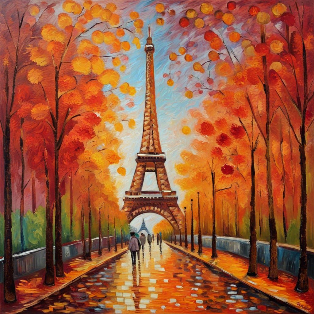 Vibrant Parisian Autumn in Neo-Impressionist Oil Painting St...