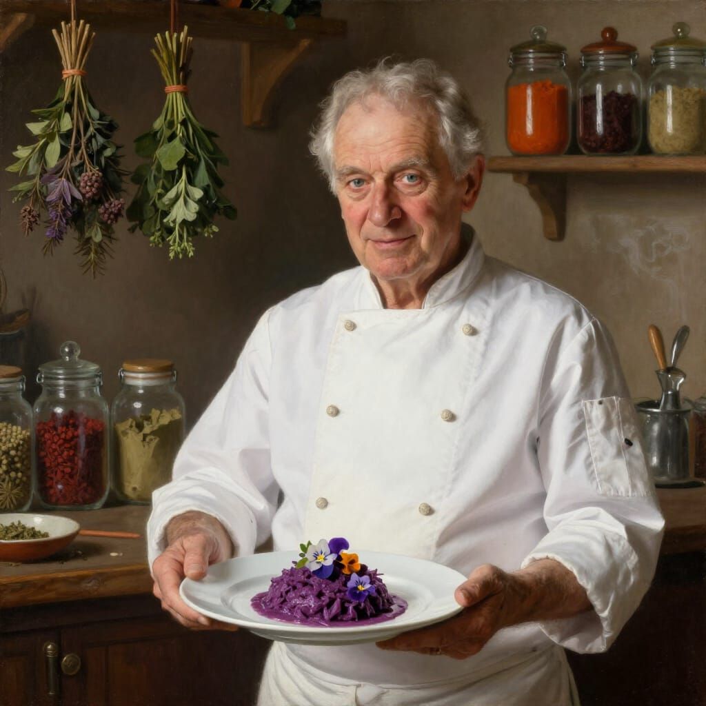 Elderly Chef Presents Vibrant Purple Dish in Oil Painting St...