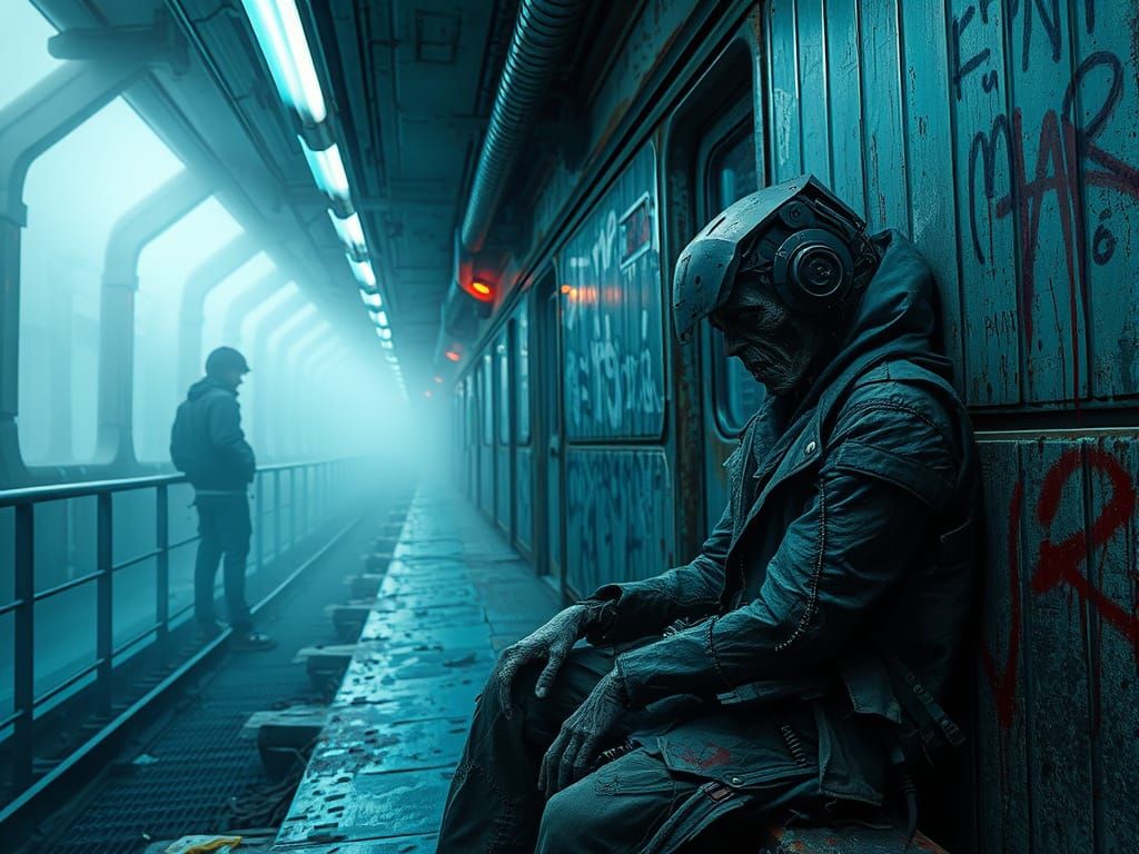 Hyper-Realistic Zombie Emerges in Cyberpunk Subway