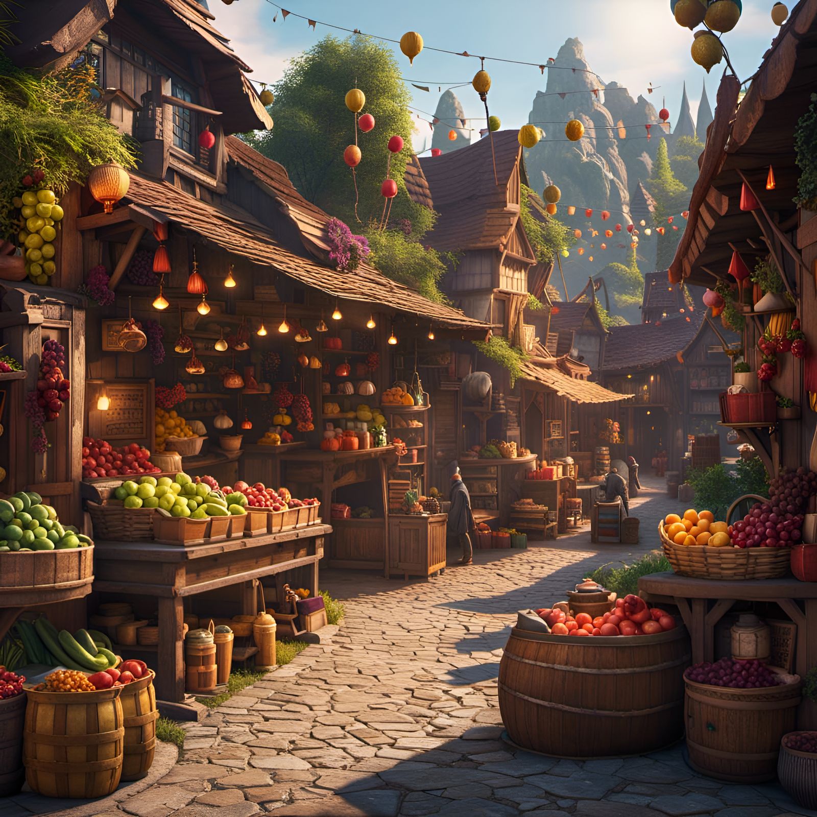 Vibrant Fantastical Market Scene in Triadic Colors