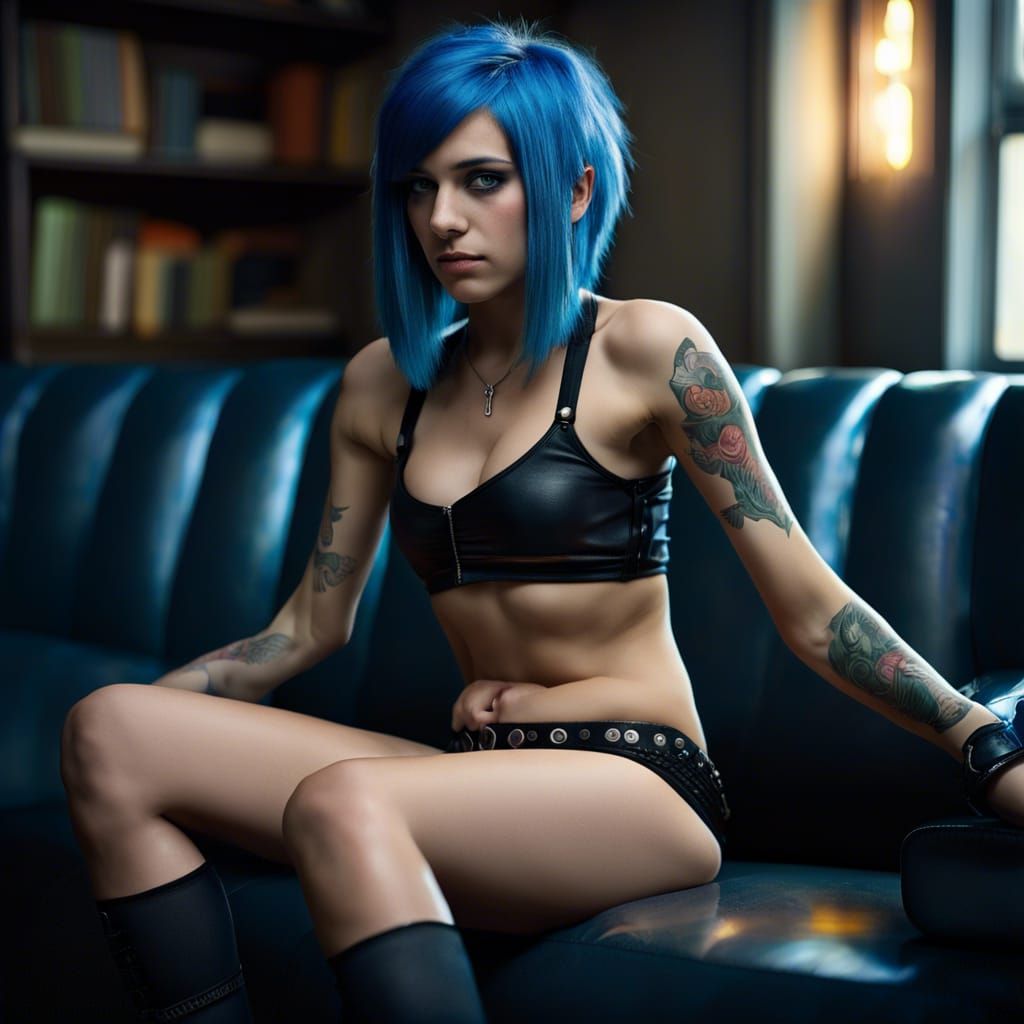 beautiful emo teen with blue hair and big breast 54g very tight short underwear sitting at black leather couch full bod...