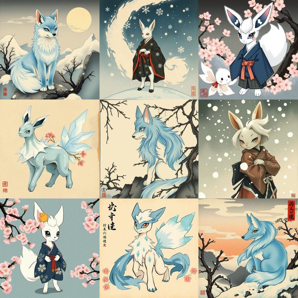 Glaceon Pokemon in Ukiyo-e Yokai Style