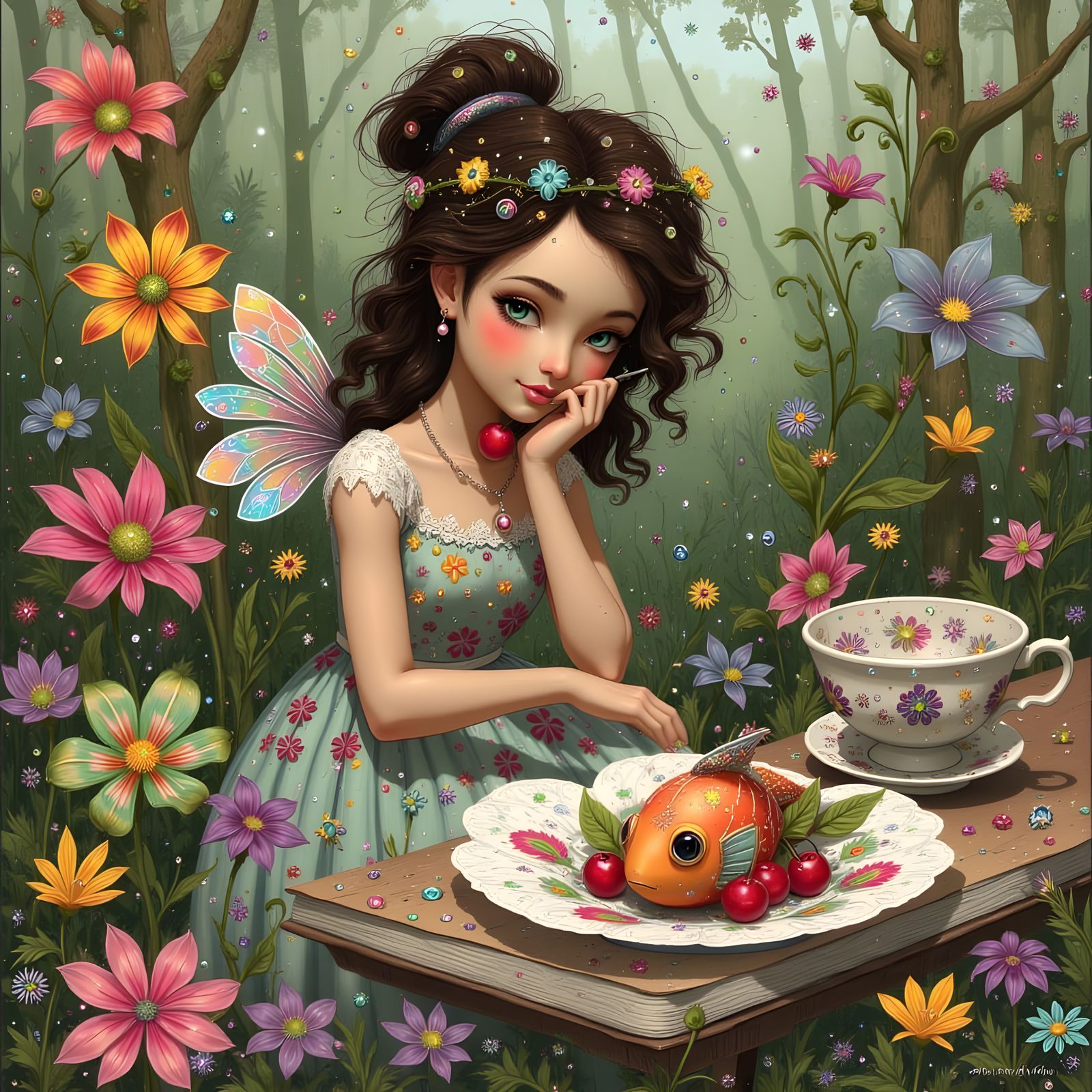 Princess Surrounded by Whimsical Critters and Vintage Storyb...