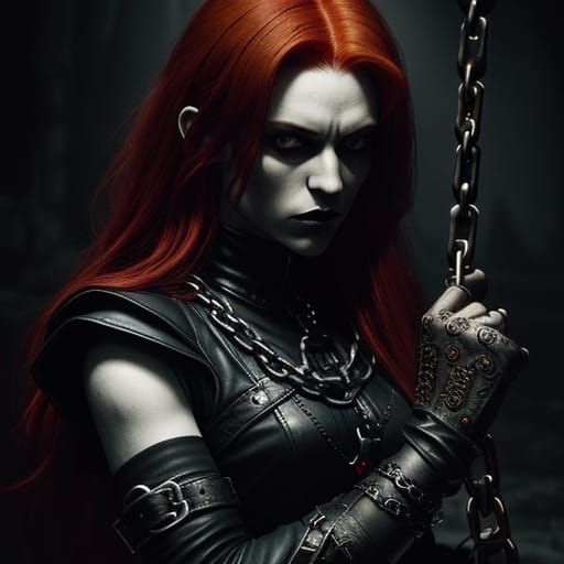 Gothic Red Haired Girl in Leather Harness, Whip and Chains