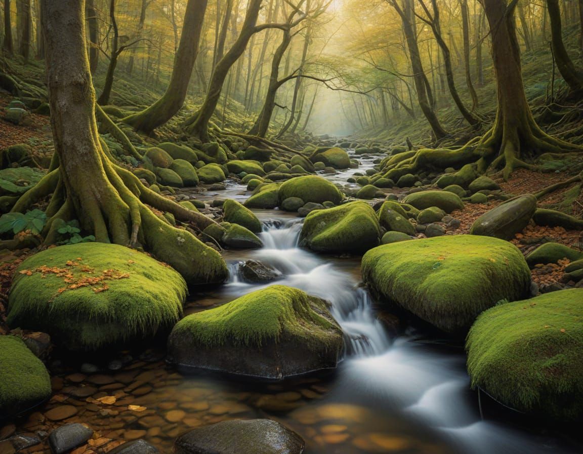 Serene Stream Flows Over Mossy Rocks as Oil Painting