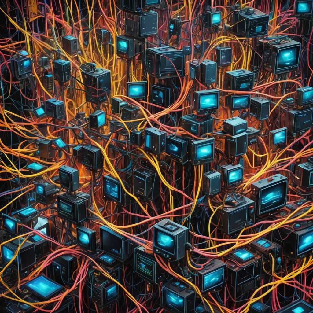 Neon-Hued Network of Interconnected Computers in a Futuristi...