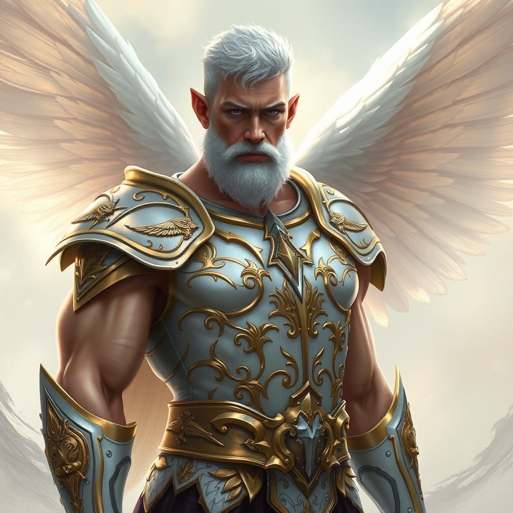 Majestic Goliath Elf in Ornate White and Gold Armor with Eag...