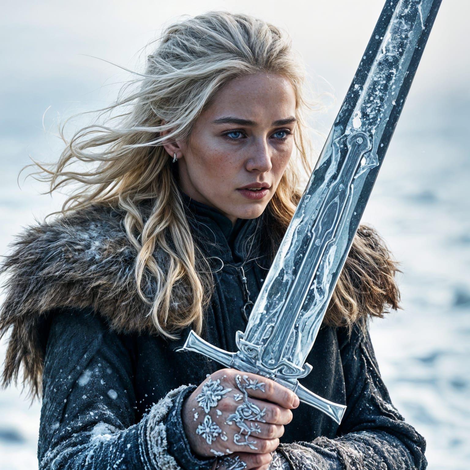 Ethereal Winter Portrait of Daenerys Targaryen with Ice Swor...