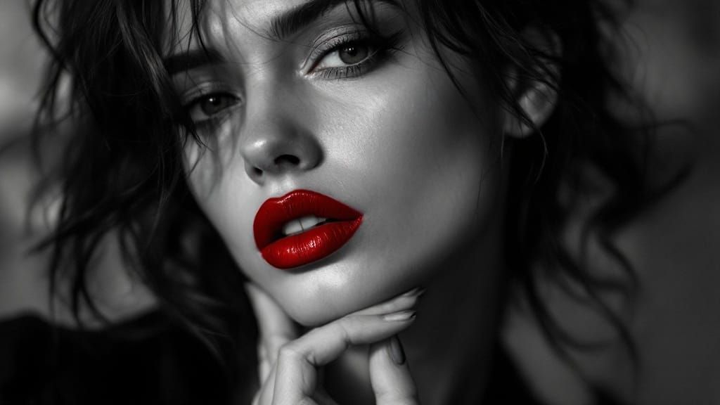 A Monochromatic City Scene with Vibrant Red Lips