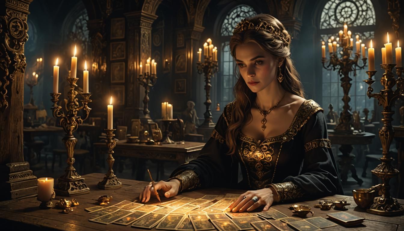 Ethereal Tarot Reading Scene in Vibrant Fantasy Art