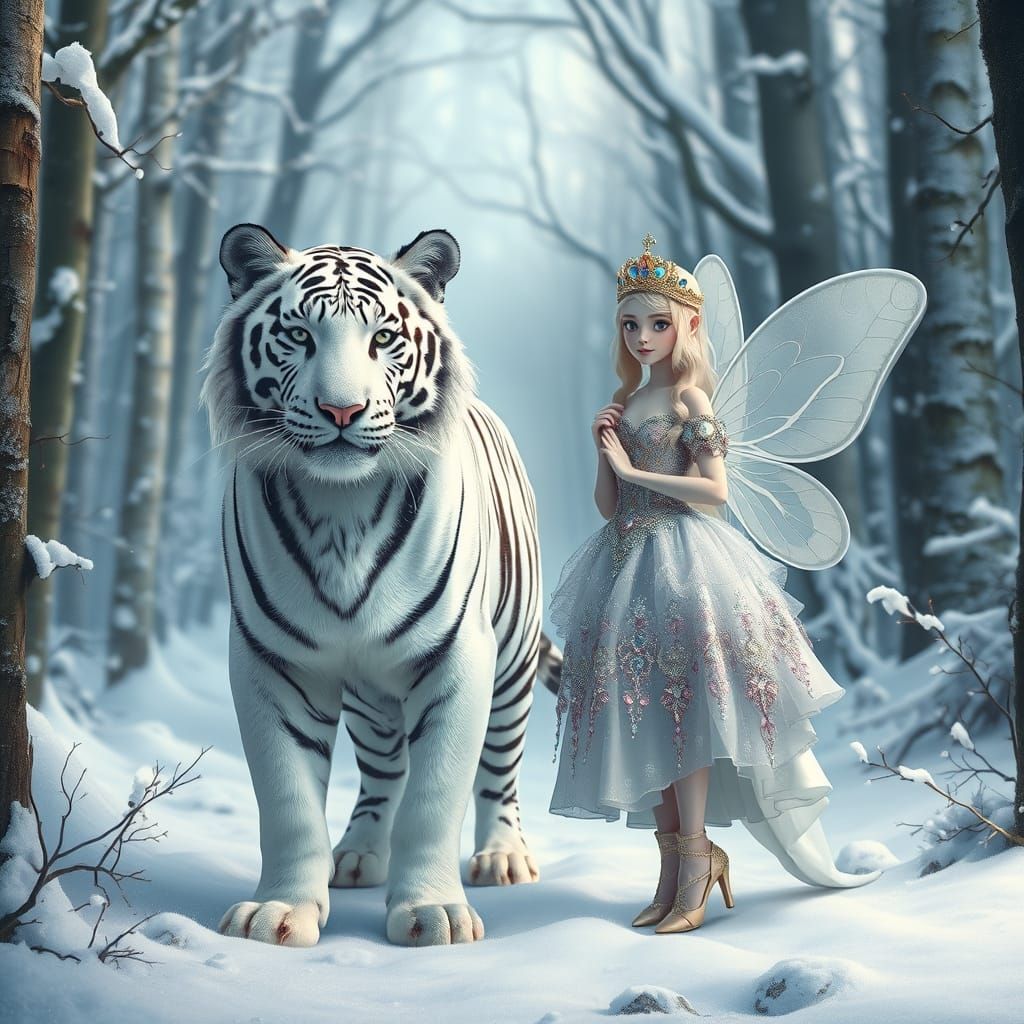 Mythical White Tiger and Fairy in Enchanted Forest