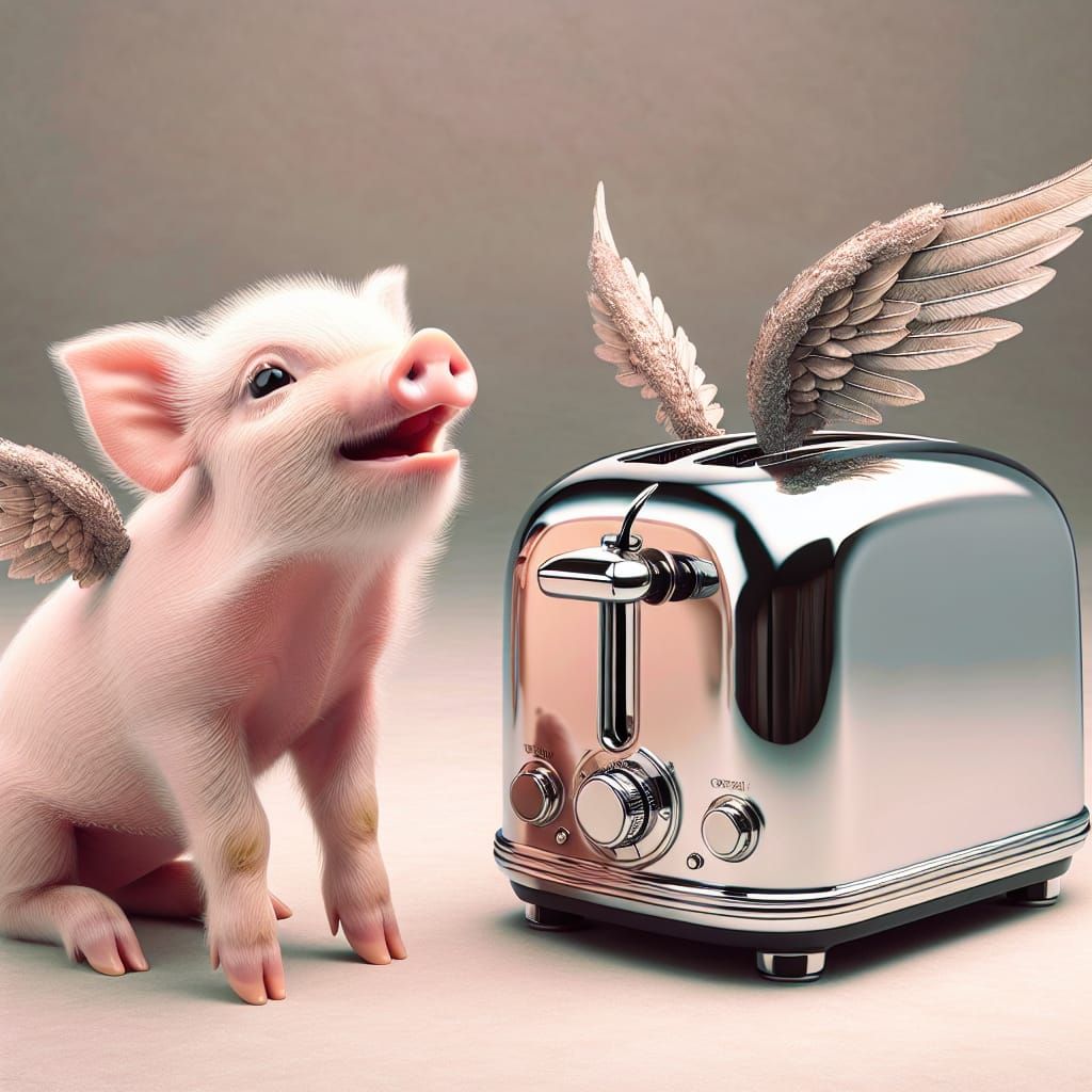Charming Blush Piglet and Chrome Toaster in Flight